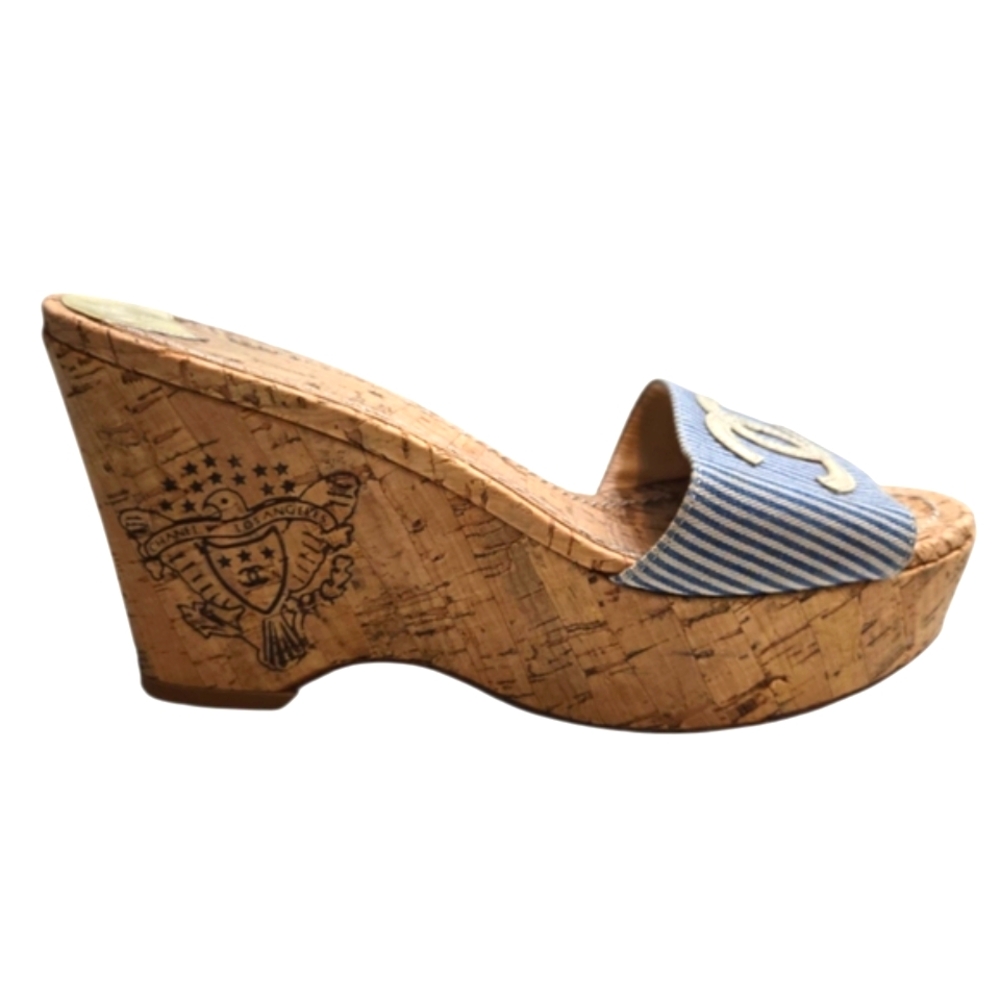 Chanel Classic CC Logo Cork Wedge Sandals Size 37 Authentic Vintage Y2K - Picture 5 of 13